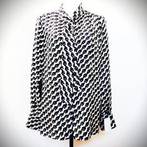 CHLOE Black & White Color 100% Silk Tie & Long Sleeve Blouse Size EU 42 US 14